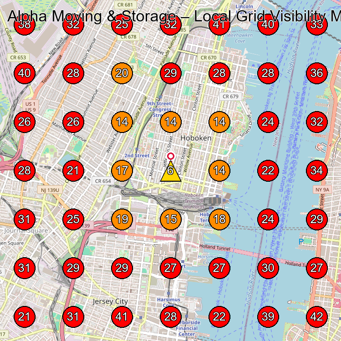 Alpha Moving & Storage GeoGrid visibility map for Moving Company in Jersey City